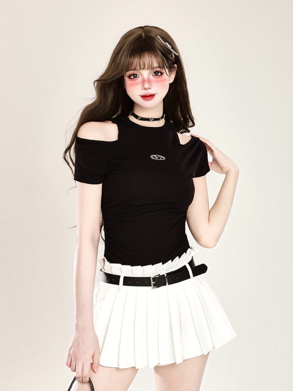 Off-Shoulder Sexy T-Shirt for Women - Handmade Slim Fit Summer Top in Pure Desire Style, Waist-Defining Short Sleeve Fashion