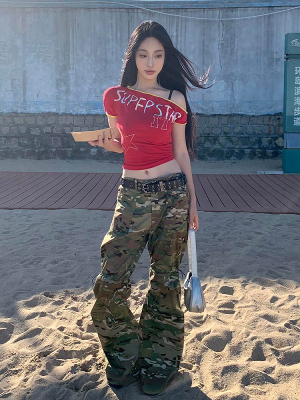 Off-Shoulder Short Sleeve Color-Blocking T-Shirt for Women - Spicy Girl Summer Top with Letter Print - Slim Fit Casual Style