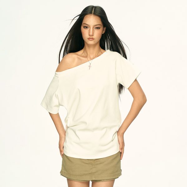Off-Shoulder Short Sleeve T-Shirt for Women - Spicy Girl Style, Loose Fit, Summer 2025 Trend, American-Inspired Fashion