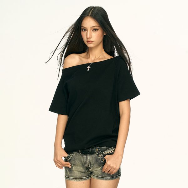 Off-Shoulder Short Sleeve T-Shirt for Women - Spicy Girl Style, Loose Fit, Summer 2025 Trend, American-Inspired Fashion