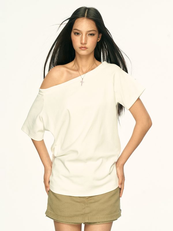 Off-Shoulder Short Sleeve T-Shirt for Women - Spicy Girl Style, Loose Fit, Summer 2025 Trend, American-Inspired Fashion