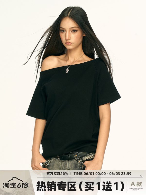 Off-Shoulder Short Sleeve T-Shirt for Women - Spicy Girl Style, Loose Fit, Summer 2025 Trend, American-Inspired Fashion