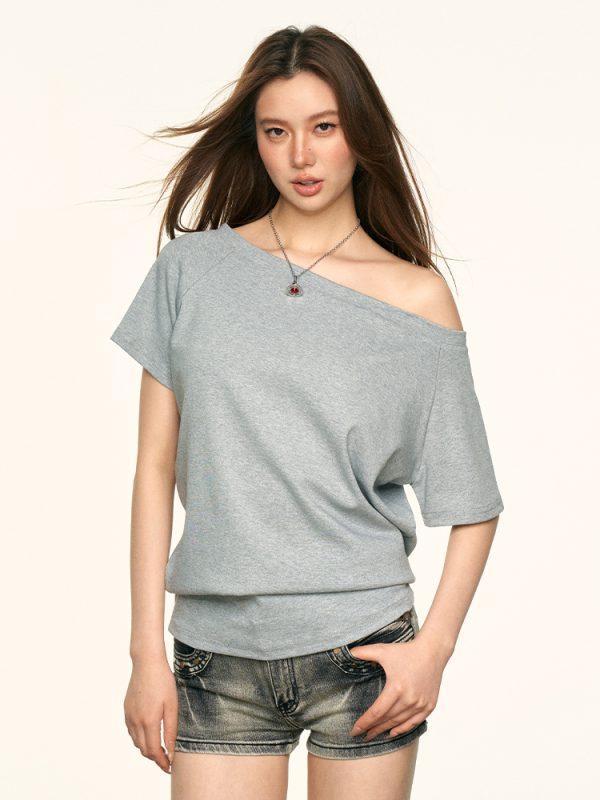 Off-Shoulder Short Sleeve T-Shirt for Women - Spicy Girl Style, Loose Fit, Summer 2025 Trend, American-Inspired Fashion