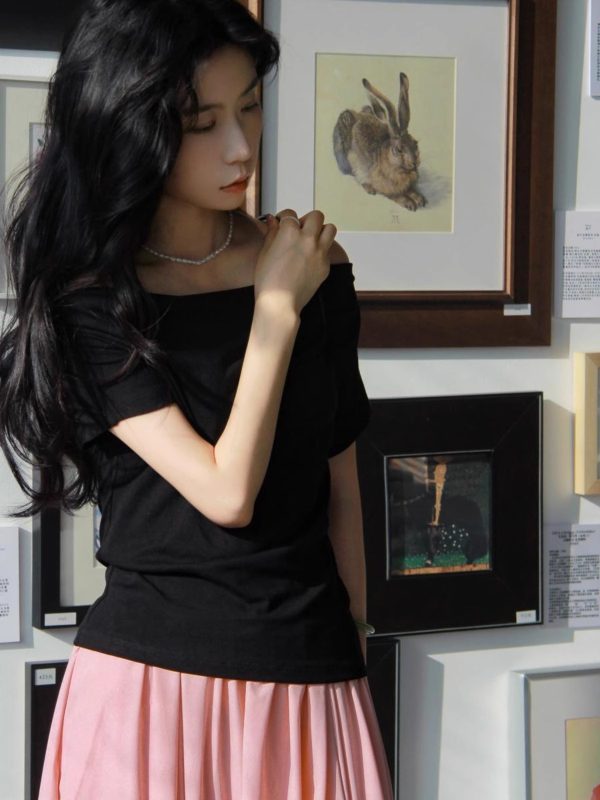 Off-Shoulder Short-Sleeved Top - Women's Summer French Style Thin Stretchy Knit in Light Colors - Elegant & Chic Essentials