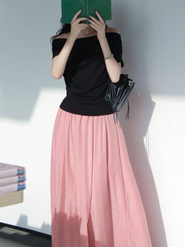Off-Shoulder Short-Sleeved Top - Women's Summer French Style Thin Stretchy Knit in Light Colors - Elegant & Chic Essentials