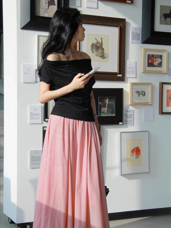 Off-Shoulder Short-Sleeved Top - Women's Summer French Style Thin Stretchy Knit in Light Colors - Elegant & Chic Essentials