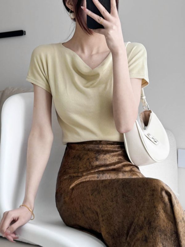 Off-Shoulder Short-Sleeved Top - Women's Summer French Style Thin Stretchy Knit in Light Colors - Elegant & Chic Essentials