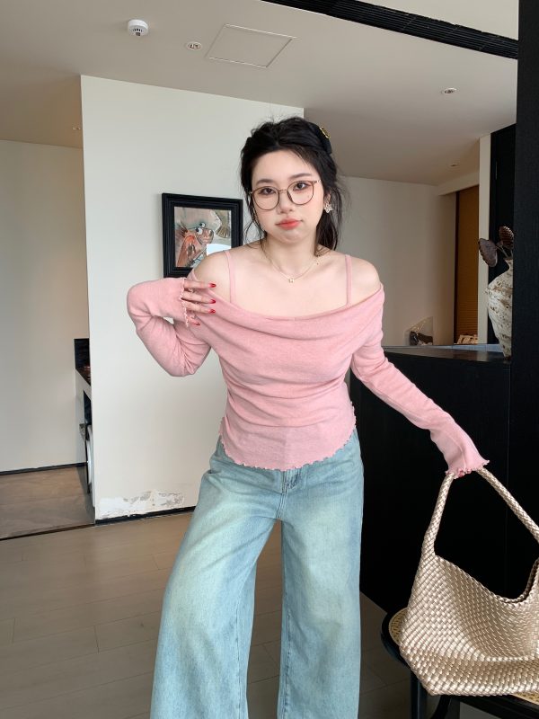 Off-Shoulder Solid Color Plus Size Knitted Shirt - High-End Feel, Slightly Chubby Style, Trendy Casual Top for Effortless Elegance