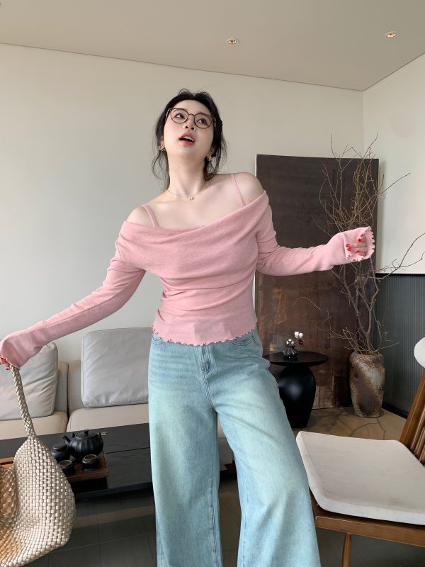 Off-Shoulder Solid Color Plus Size Knitted Shirt - High-End Feel, Slightly Chubby Style, Trendy Casual Top for Effortless Elegance