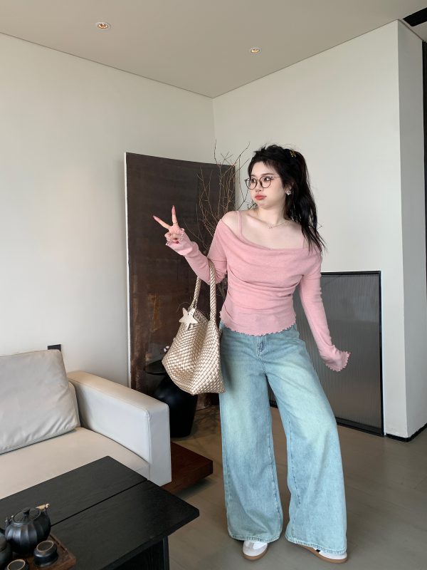 Off-Shoulder Solid Color Plus Size Knitted Shirt - High-End Feel, Slightly Chubby Style, Trendy Casual Top for Effortless Elegance