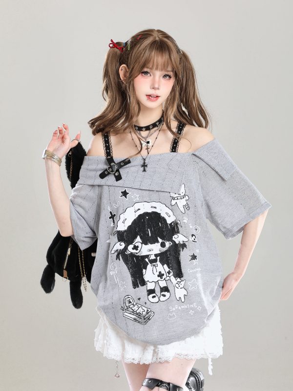 Off-Shoulder Spicy Girl Cartoon Camisole T-Shirt Cover-Up for Women, Y2K Summer Subculture Style Top