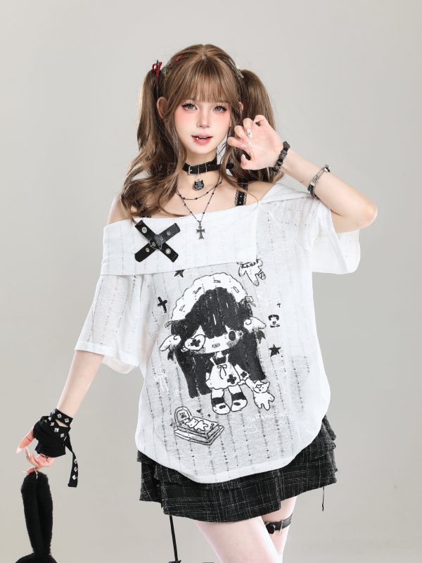 Off-Shoulder Spicy Girl Cartoon Camisole T-Shirt Cover-Up for Women, Y2K Summer Subculture Style Top