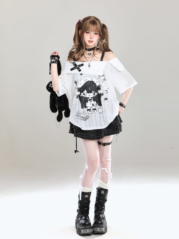 Off-Shoulder Spicy Girl Cartoon Camisole T-Shirt Cover-Up for Women, Y2K Summer Subculture Style Top