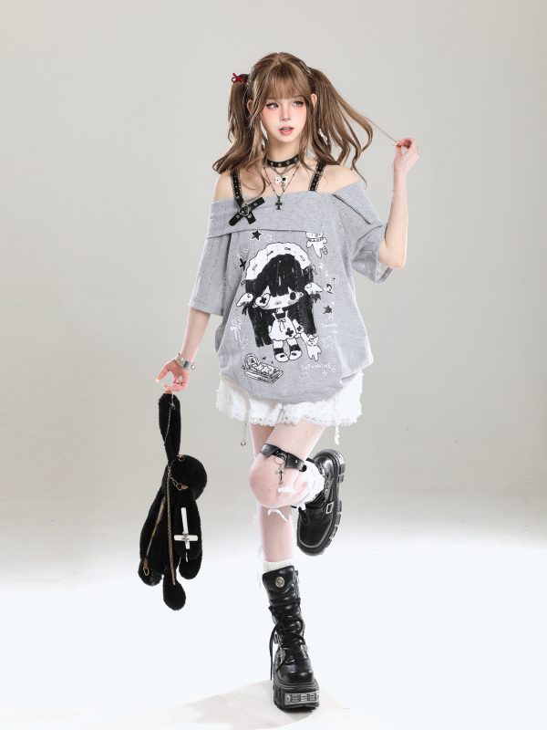 Off-Shoulder Spicy Girl Cartoon Camisole T-Shirt Cover-Up for Women, Y2K Summer Subculture Style Top