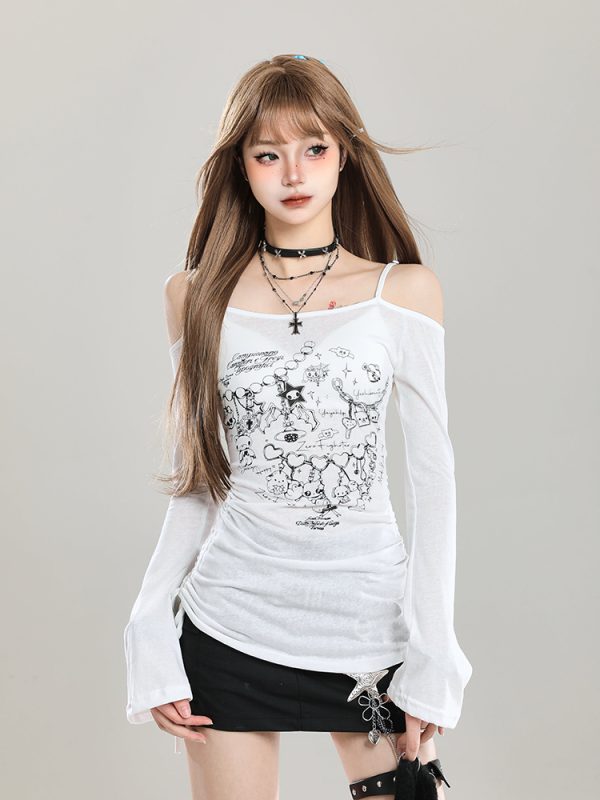 Off-Shoulder Spicy Girl Long Sleeve T-Shirt - Slim Fit Sun Protection Summer Cover-Up, Waist-Cinching Women's Top