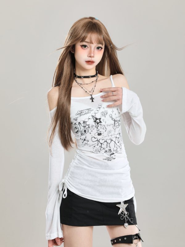 Off-Shoulder Spicy Girl Long Sleeve T-Shirt - Slim Fit Sun Protection Summer Cover-Up, Waist-Cinching Women's Top