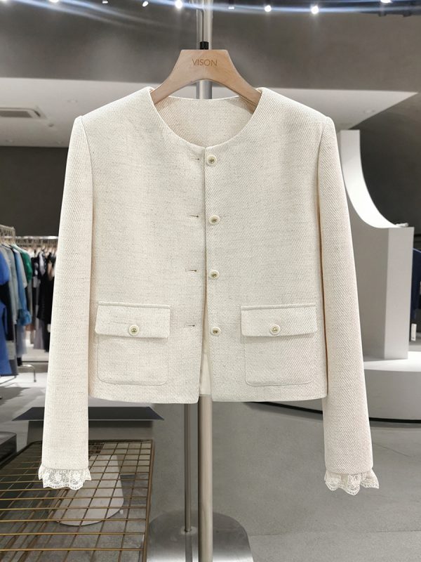 Off-White Lace Spliced Short Wind Coat for Women - French Elegant Spring Autumn 2025 Fashion