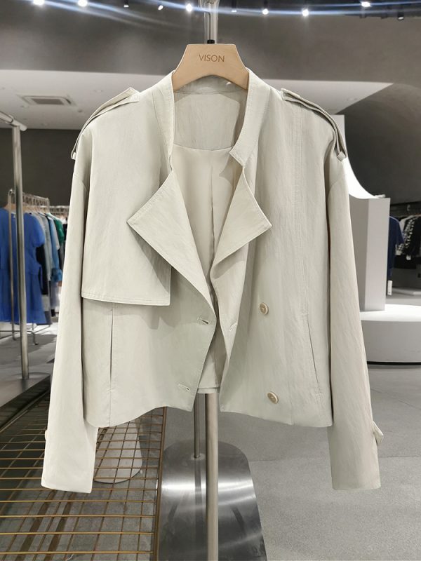 Off-White Short Trench Coat for Women - British Style, Spring 2025, Chic French Youthful Design for Autumn Fashion