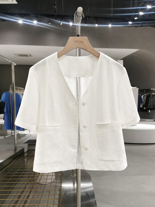 Off-White V-Neck Linen Short Jacket for Women - Korean Style, Summer 2025 Gentle Niche Thin Top