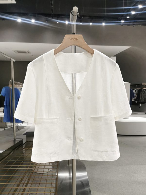 Off-White V-Neck Linen Short Jacket for Women - Korean Style, Summer 2025 Gentle Niche Thin Top