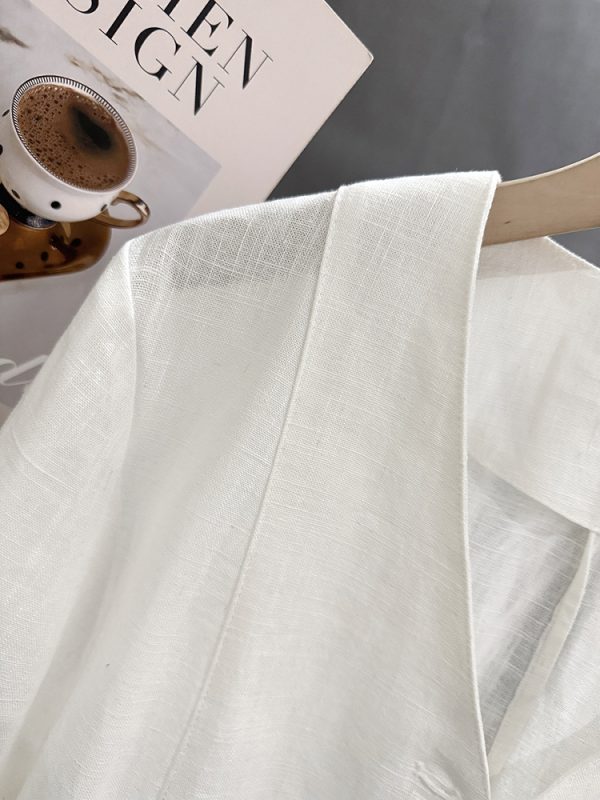 Off-White V-Neck Linen Short Jacket for Women - Korean Style, Summer 2025 Gentle Niche Thin Top