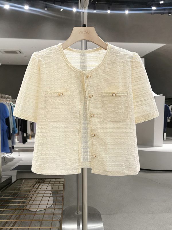 Off-White Vintage Elegant Short Coat for Women - Lightweight Textured Summer 2025 Fashion Top