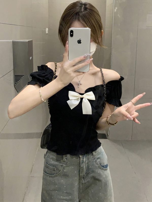 One-Shoulder Butterfly Knot Short Sleeve T-Shirt for Women - Plus Size Slim-Fit Summer Top, Sweet and Spicy Style