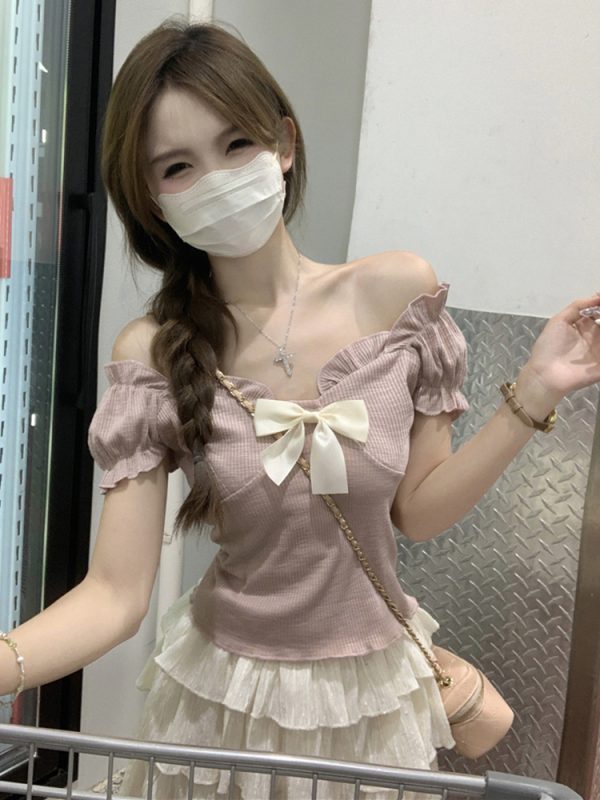 One-Shoulder Butterfly Knot Short Sleeve T-Shirt for Women - Plus Size Slim-Fit Summer Top, Sweet and Spicy Style