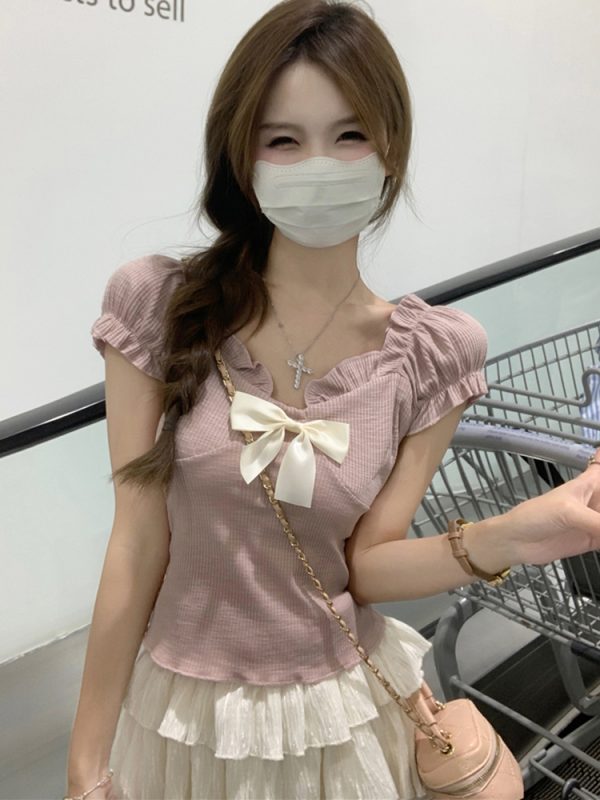 One-Shoulder Butterfly Knot Short Sleeve T-Shirt for Women - Plus Size Slim-Fit Summer Top, Sweet and Spicy Style