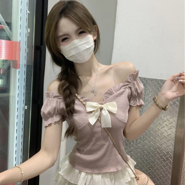 One-Shoulder Butterfly Knot Short Sleeve T-Shirt for Women - Plus Size Slim-Fit Summer Top, Sweet and Spicy Style