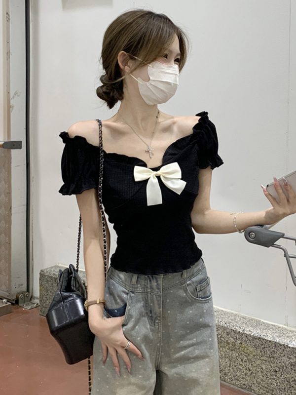 One-Shoulder Butterfly Knot Short Sleeve T-Shirt for Women - Plus Size Slim-Fit Summer Top, Sweet and Spicy Style