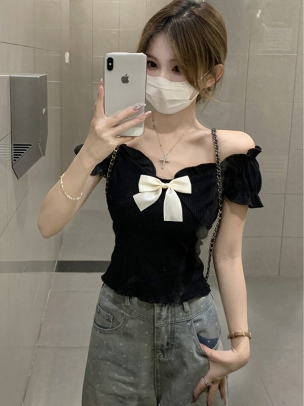 One-Shoulder Butterfly Knot Short Sleeve T-Shirt for Women - Plus Size Slim-Fit Summer Top, Sweet and Spicy Style