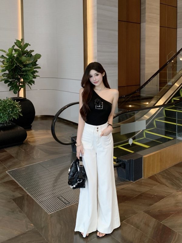 One-Shoulder Camisole for Women - Fashionable Slim Fit Summer Top with Camellia Design - Sexy Y2K Style