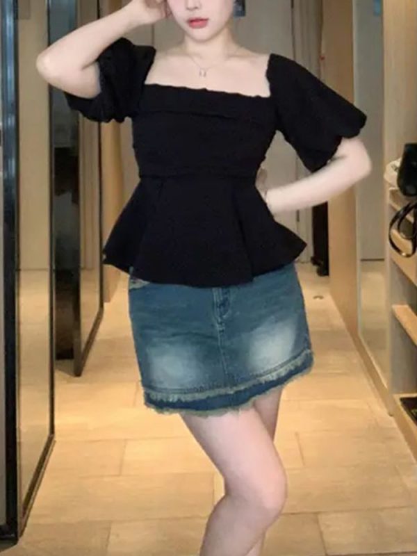 One-Shoulder High-Waist Puff Sleeve Top for Women - Slimming Tummy-Covering Design - Summer Fashion in Large Sizes