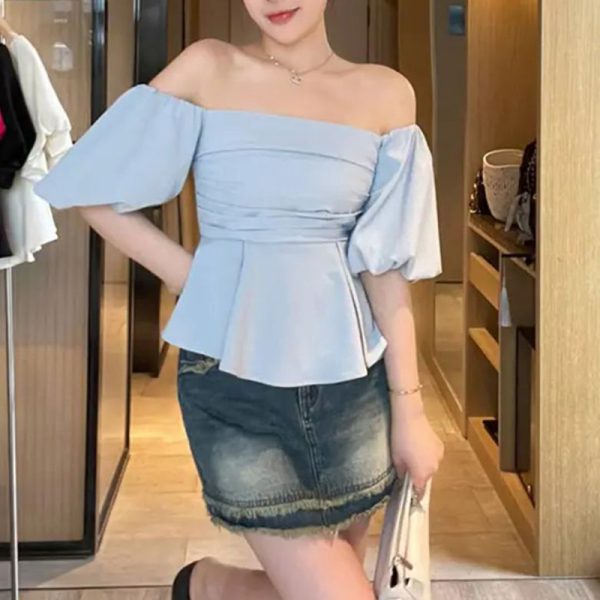 One-Shoulder High-Waist Puff Sleeve Top for Women - Slimming Tummy-Covering Design - Summer Fashion in Large Sizes