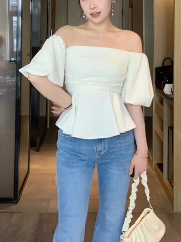 One-Shoulder High-Waist Puff Sleeve Top for Women - Slimming Tummy-Covering Design - Summer Fashion in Large Sizes