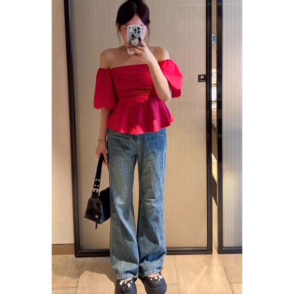 One-Shoulder High-Waist Puff Sleeve Top for Women - Slimming Tummy-Covering Design - Summer Fashion in Large Sizes