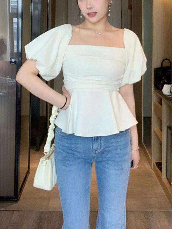 One-Shoulder High-Waist Puff Sleeve Top for Women - Slimming Tummy-Covering Design - Summer Fashion in Large Sizes