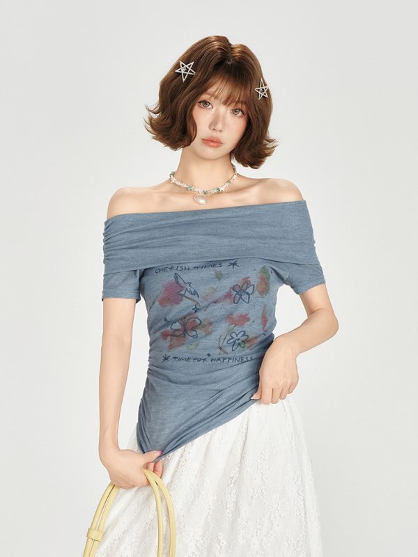 One-Shoulder Printed Waist-Cinching Slim-Fit T-Shirt for Women - American Retro Summer Style, Short Sleeve Top
