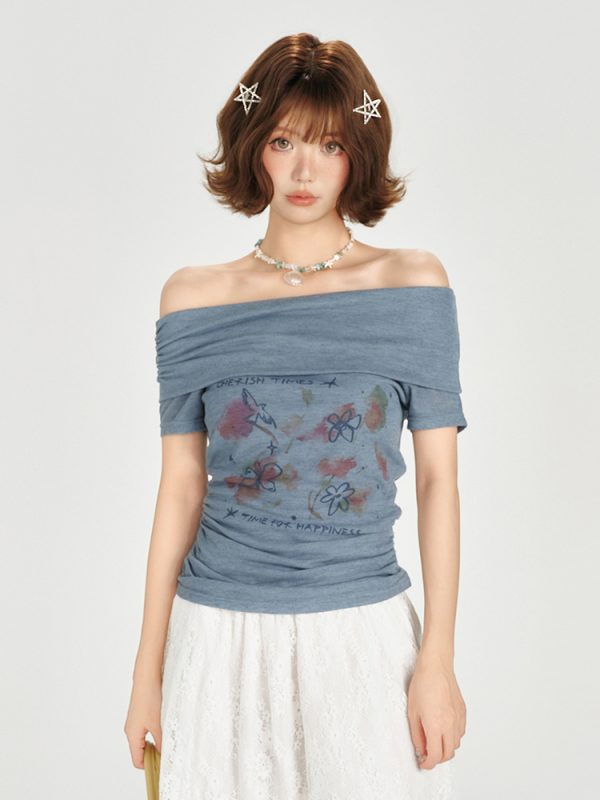 One-Shoulder Printed Waist-Cinching Slim-Fit T-Shirt for Women - American Retro Summer Style, Short Sleeve Top