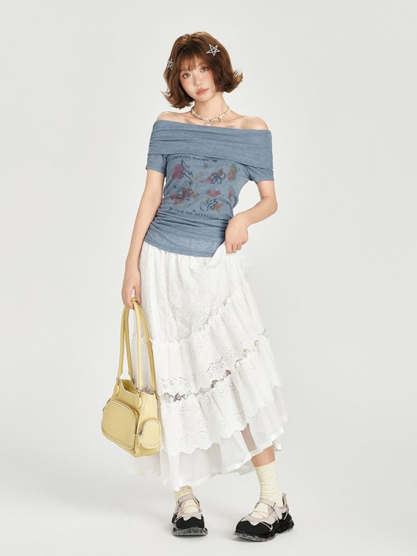 One-Shoulder Printed Waist-Cinching Slim-Fit T-Shirt for Women - American Retro Summer Style, Short Sleeve Top