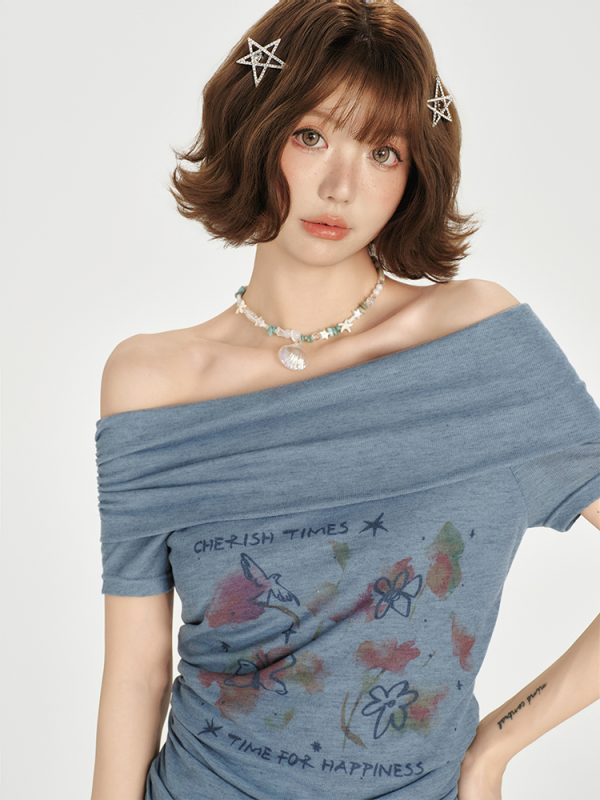One-Shoulder Printed Waist-Cinching Slim-Fit T-Shirt for Women - American Retro Summer Style, Short Sleeve Top