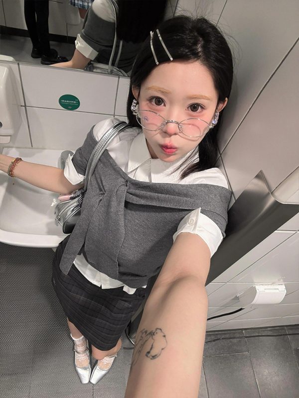 One-Shoulder Short Sleeve Knitted Top for Women - Trendy Gray Summer T-Shirt, Slim Fit, Hot Girl Style, Y2K Fashion