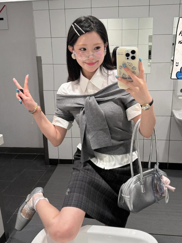 One-Shoulder Short Sleeve Knitted Top for Women - Trendy Gray Summer T-Shirt, Slim Fit, Hot Girl Style, Y2K Fashion