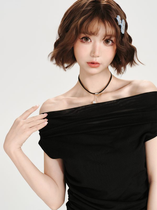 One-Shoulder Short Sleeve T-Shirt for Women - Spicy Girl Mesh Ribbon Slim Fit Top - American Style Summer Fashion
