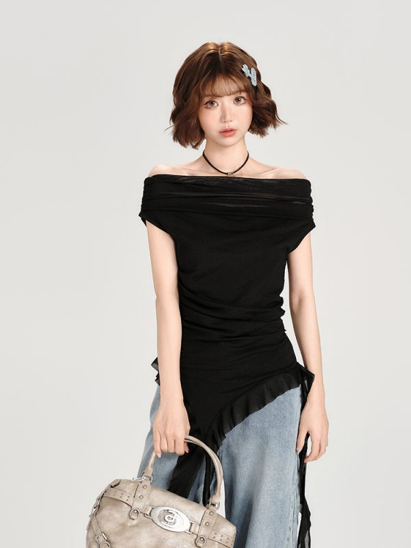 One-Shoulder Short Sleeve T-Shirt for Women - Spicy Girl Mesh Ribbon Slim Fit Top - American Style Summer Fashion