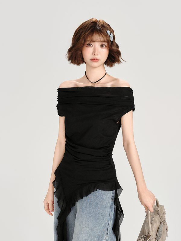 One-Shoulder Short Sleeve T-Shirt for Women - Spicy Girl Mesh Ribbon Slim Fit Top - American Style Summer Fashion