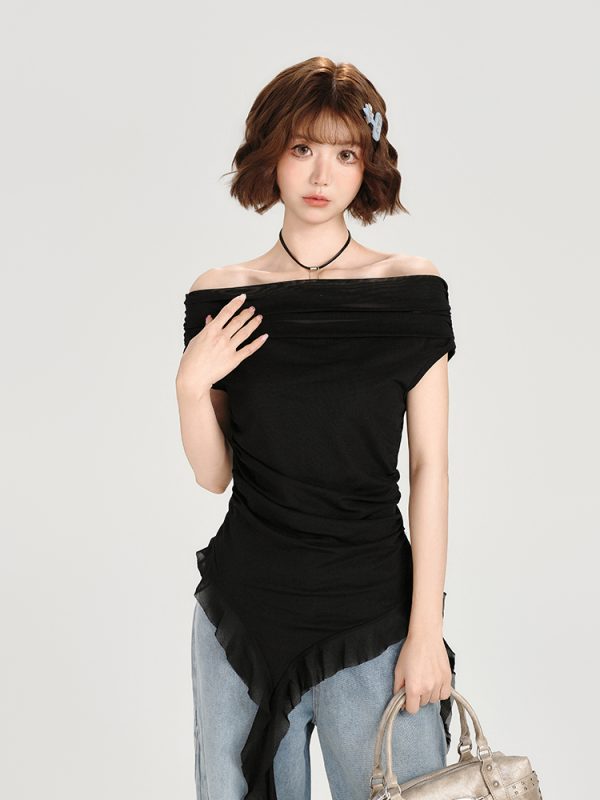 One-Shoulder Short Sleeve T-Shirt for Women - Spicy Girl Mesh Ribbon Slim Fit Top - American Style Summer Fashion