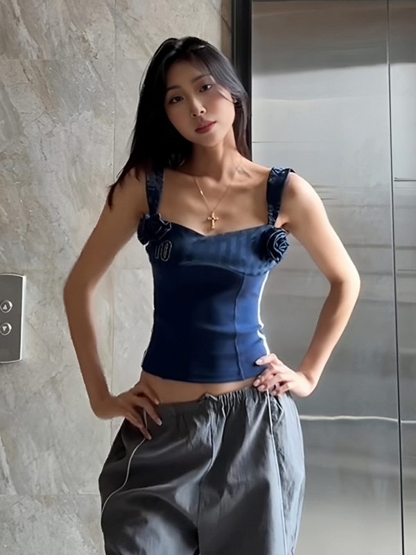 One-Shoulder Spicy Girl Tank Top for Women - Summer 3D Floral Slim Fit Design with Rhinestones, Y2K Style, Trendy Casual Wear