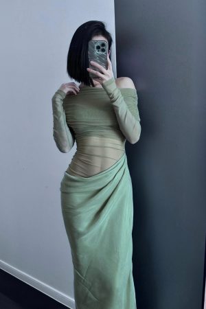 One-Shoulder Spicy Sexy Mesh Dress with Waist-Showing Design â€“ Slightly Sheer Long Skirt, Trendy Korean Style for a Bold Look